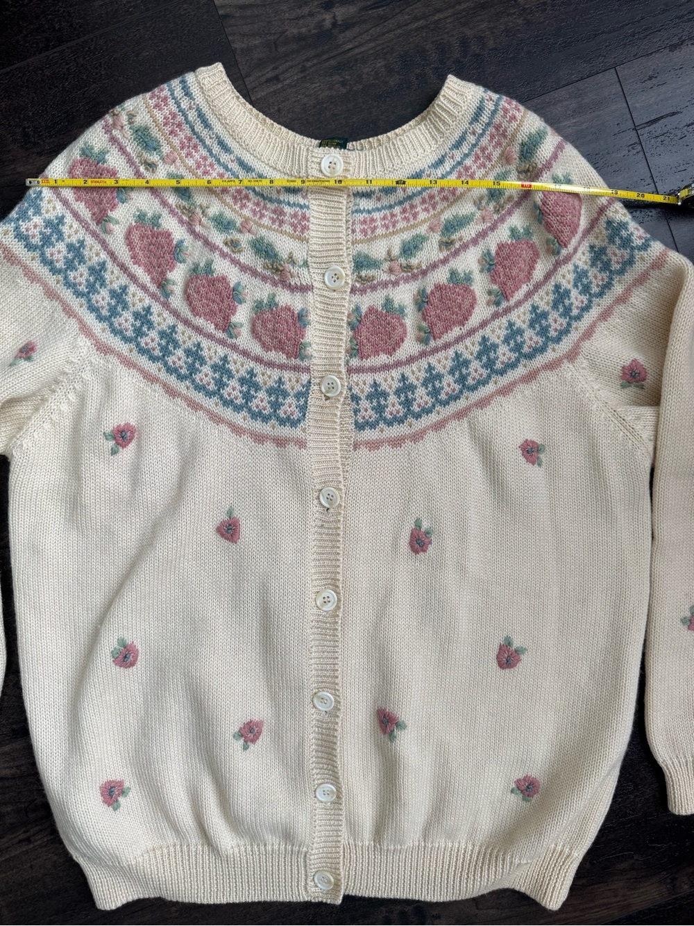 Vintage Charter Club 100% Wool Rose Fair Isle Cardigan Floral Sweater L - Picture 6 of 12